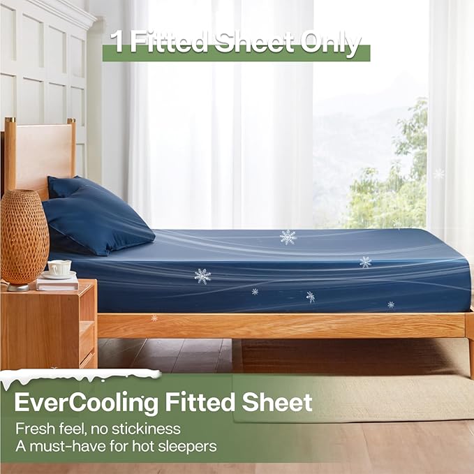 MR&HM California King Fitted Sheet, Ultra-Soft Rayon Derived from Bamboo & Polyester Blend, Silky & Breathable, 15" Deep Pocket with Elastic Straps, Cooling Fitted Sheet for Hot Sleepers, Navy Blue