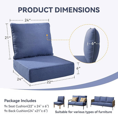 Outdoor Cushion Set for Furniture Patio Furniture, UV Resistant, Water Resistant - 6 Inch Thick Foam Garden Cushions – 22x24 Inch Patio Seat Covers for Chair/Sofa/Couch | Blue | 9-Pack |