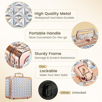 Makeup Train Case with Magnetic LED Mirror Makeup Organizer Box Travel Cosmetic Case with 3 Colors LED Mirror Portable Vanity Make up Suitcase with Lockable Keys Dividers Brush Holder, Silver