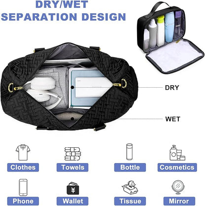 Women Duffle Weekender Travel Bag: Large Duffel Bags with Shoe Compartment Carry On Overnight Tote Bag with Wet Pocket Toiletry Bag Traveling Weekend Gym Yoga Hospital Bags for Labor & Delivery Black