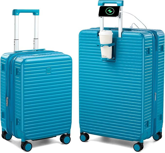 Hard Shell Suitcases Expandable Travel Luggage Sets 2 Piece, Carry on and Check in Luggage Lightweight Suitcase Set 2 Piece with Wheels Cup Holder Charger Built in (Caribbean Blue, 20/28)