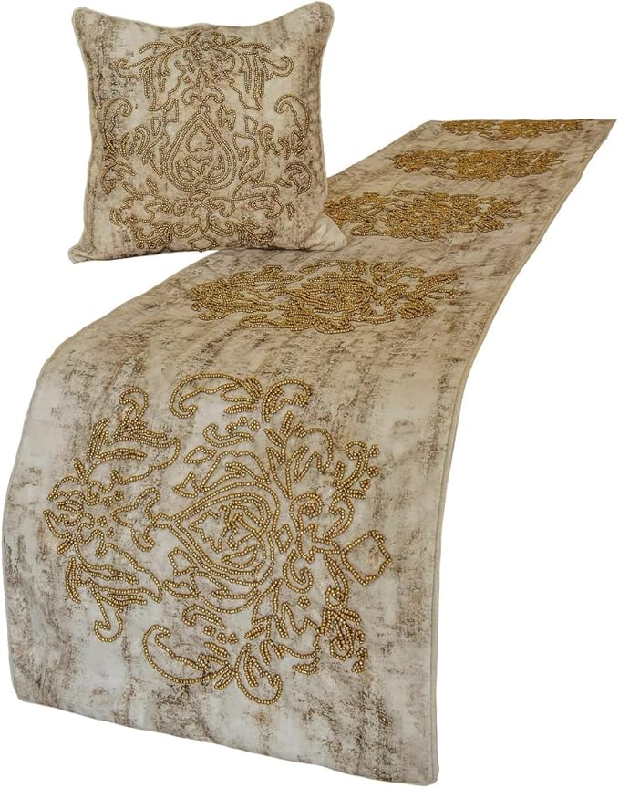 The HomeCentric King/Queen/Twin Ivory & Gold Decorative King 90"x18" Bed Runner Without Pillow Cover, Beaded & Foil Bed Scarf on Silk Fabric - Foil Damask Gold