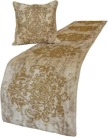 The HomeCentric King/Queen/Twin Ivory & Gold Decorative King 90"x18" Bed Runner Without Pillow Cover, Beaded & Foil Bed Scarf on Silk Fabric - Foil Damask Gold