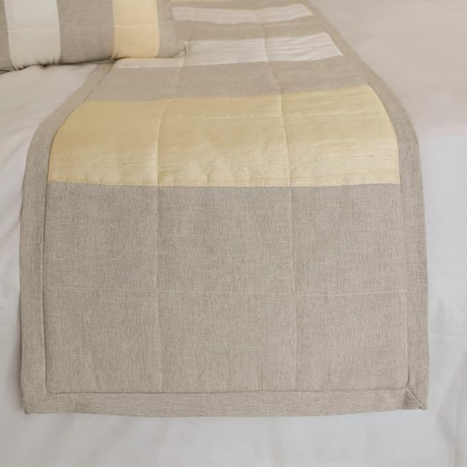 The HomeCentric King/Queen/Twin Beige Decorative King 90"x18" Bed Runner Without Pillow Cover, Color Block, Patchwork, Quilted, Silk, Linen & Striped Bed Scarf on Linen & Silk Fabric - Alikka