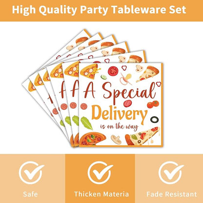 96 Pcs Special Delivery Pizza Baby Shower Decorations, Tableware Set | Includes