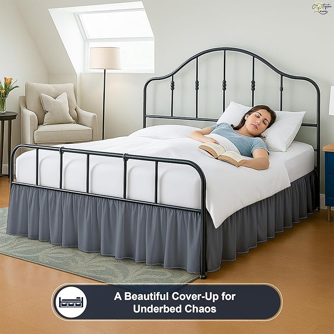 Cottington Lane Ruffled Bed Skirt Queen Size with Split Corner, Brushed Microfiber Hotel Quality Dark Grey Dust Ruffle, 14 Inch Drop Gathered Bedskirt, Soft and Stylish, Shrinkage and Fade Resistant