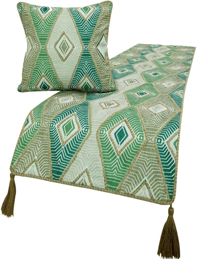 The HomeCentric King/Queen/Twin Green Designer Queen 74"x18" Bed Runner with 2 Pillow Cover, Aztec, Jute Embroidery, Quilted, Tassels, Jute, Moroccan & Tribal Bed Scarf on Cotton Fabric - Chantico