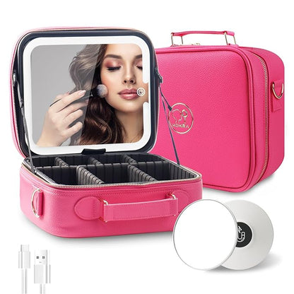MOMIRA Travel Makeup Bag Cosmetic Bag with Lighted Mirror, Adjustable Brightness in 3 Color Scenarios/Detachable makeup mirror, All-round Upgrade, Waterproof, Gift for Women -Rose Red