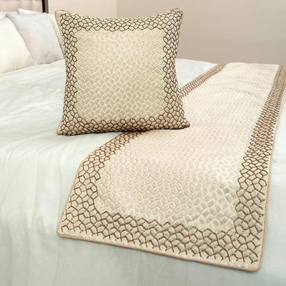 The HomeCentric King/Queen/Twin Ivory & Gold Designer Queen 74"x18" Bed Runner with Pillow Cover, Mosaic & Beaded Bed Scarf on Jacquard Fabric - Tessellation