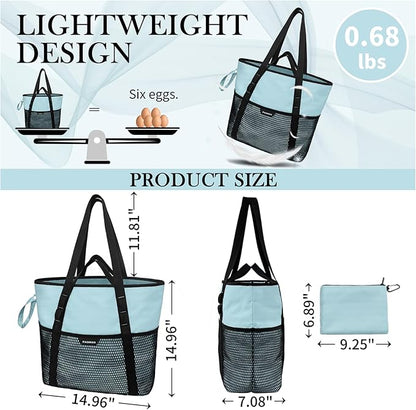 Beach Bag with Zipper - 8 Pockets Sandproof Beach Tote Bag for Women,Foldable Lightweight Family Swim Bag Vacation
