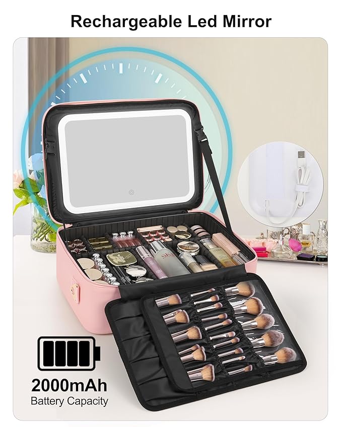 Relavel Makeup Bag with LED Mirror, 16.2 inches Large Professional Makeup Case for Makeup Artists, Travel Portable Cosmetic Organizer Storage Box, Vanity Case with 3 Colors Lighted Mirror, Pink