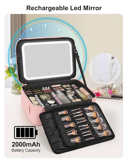 Relavel Makeup Bag with LED Mirror, 16.2 inches Large Professional Makeup Case for Makeup Artists, Travel Portable Cosmetic Organizer Storage Box, Vanity Case with 3 Colors Lighted Mirror, Pink