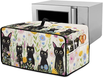 Countertop Microwave Oven Cover with Side Pockets, Dust Protection Small Appliance Toaster Ovens Dust Cover, S, 14.5 x 18.5 x 9 Inches, Cartoon Black Cat Daisy Flower