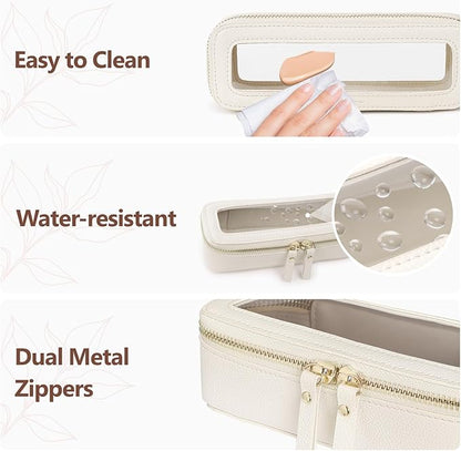 PACKISM Slim Clear Makeup Brush Bag, Pebbled Texture & Hard PU Leather Small Cosmetic Brush Holder, Mini Toiletry Bag Make up Bags with Message Card, Cute Travel Essentials Bag (Cream)