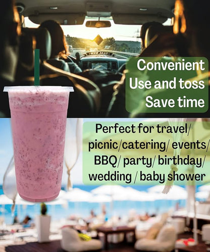 32 oz Clear Plastic Cups with Lids and STRAWS, Disposable Drinking Cups
