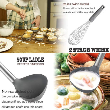Silicone Kitchen Cooking Utensils Set with Stainless Steel Handle, Spatula Set Utensil Set, Cooking Utensil Set,Kitchen Tools Gadgets for Nonstick Cookware (11, Gray)