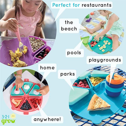 On-The-Go Snack Mat – Baby Silicone Travel Dining Placemat – Portable Silicone Toddler Plate – Reusable Snack Container with 3 Compartments and Lids for 6 Months + (Aqua)