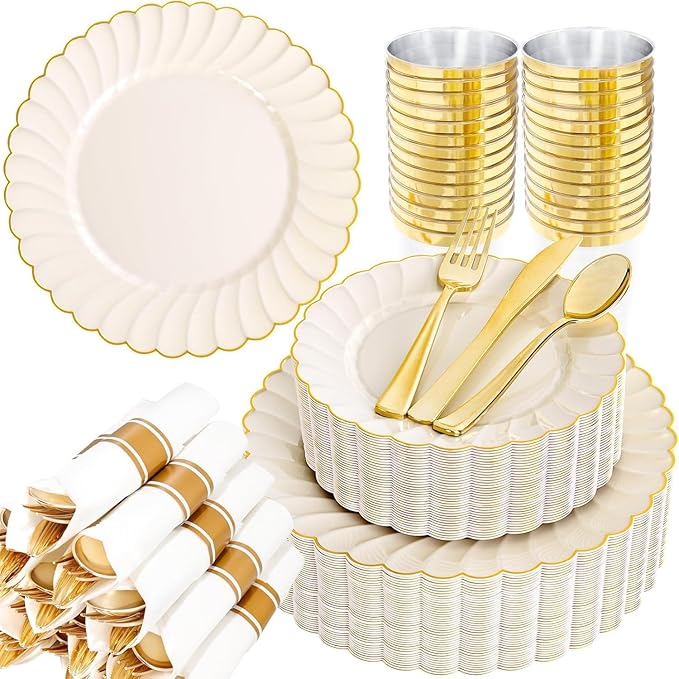 YOUBET 350PCS Ivory Scalloped Plastic Plates