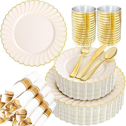 YOUBET 350PCS Ivory Scalloped Plastic Plates