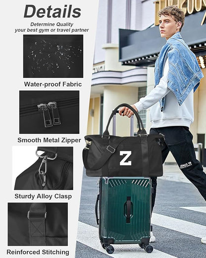Initial Travel Duffel Bag Sports Gym Bag for Boys Teen Birthday Gifts,Black Personalized Weekender Bag Carry On Tote Bags for Men,Waterproof Overnight Luggage Bag Airplane Travel Essentials(Letter Z)