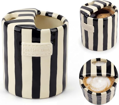 10oz Ceramic Coffee Mug with Sip Hole, Striped Espresso Cups