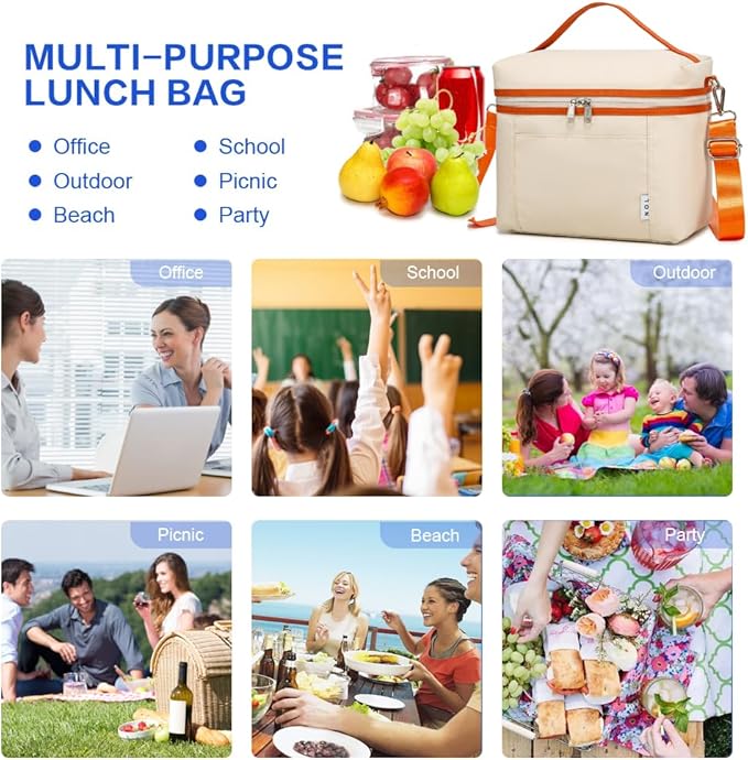 NOL Insulated Lunch Bags for Women Cooler Bag Lightweight Nylon Waterproof Lunch Box For Work (Medium(normal), Cream/orange)