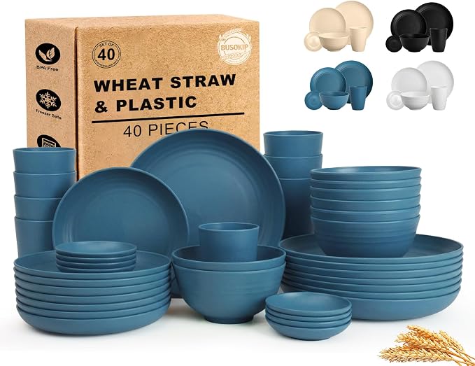 Wheat Straw Dinnerware Sets for 8, Unbreakable Bowl and Plate Set 40 Piece