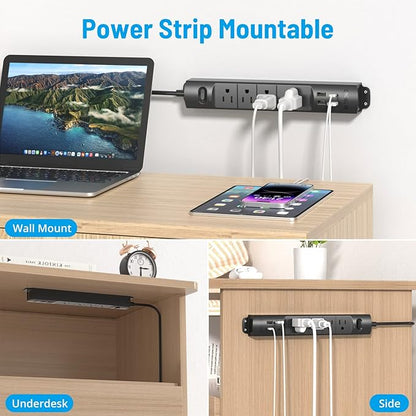 TROND Surge Protector Power Strip with USB, Ultra Thin Flat Plug 6ft Long Extension Cord 1625W, 3 USB A & 1 Type C, 4 AC Outlets 1440J Surge Protection Wall Mount for Home Office Dorm Room, Black
