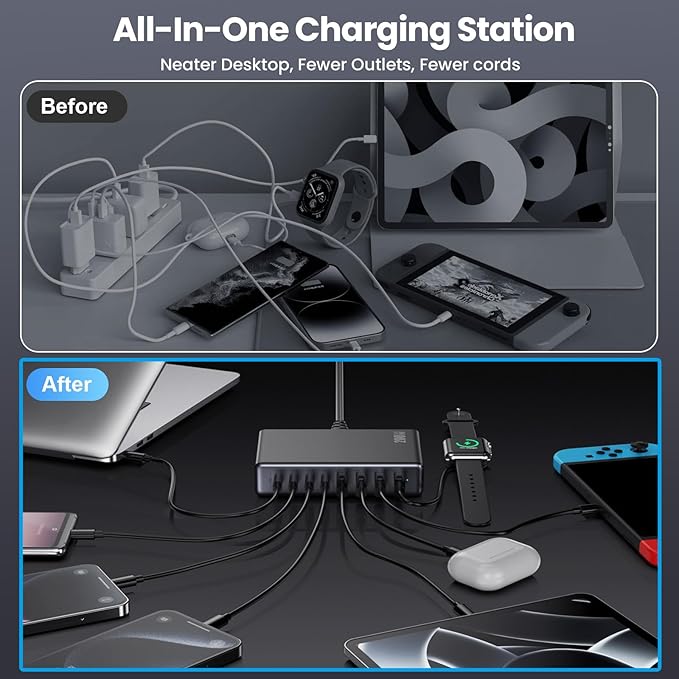 200W USB C Charger Block,GaN IV Charging Station 8 Ports,QC4.0 Fast Charging Station Hub+PD 65W USB C Laptop Charger Adapter Compatible with MacBook Air/Pro,DELL,iPhone 16/15,iPad,Steam Deck-Black