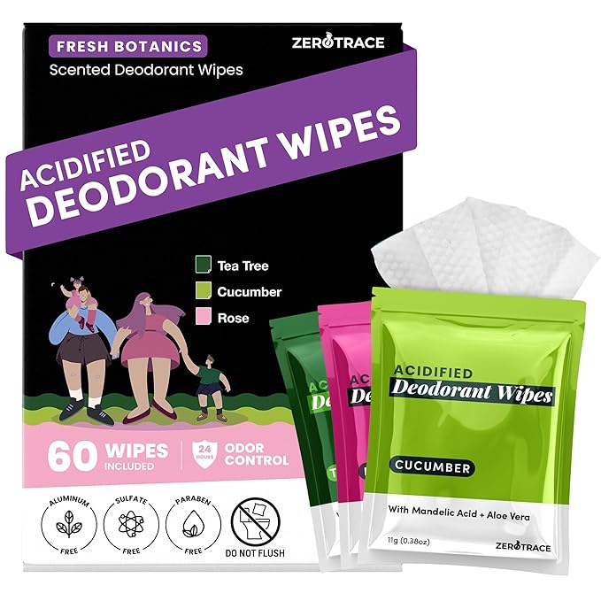 Zero Trace Travel Deodorant Wipes - 60 Count- 24 Hour Odor Control - Aluminum Free Hypoallergenic Mini Deodorant For Women and Men - Individually Wrapped Underarm & Body Wipes- Fresh Botanics