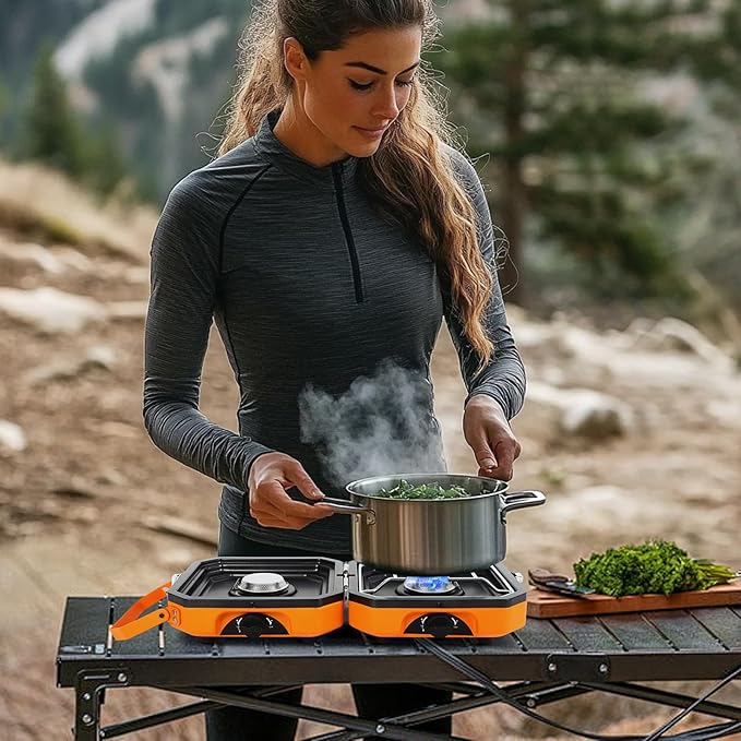 Adjustable 2-Burner Portable Stove with 16000 BTU, with Camping Grill and Carrying Bag, Portable Propane Camp Stove with 2 Burners & Piezo Ignition for Camping, Backyard BBQ,Tailgating (Orange)