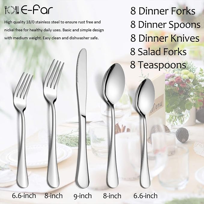Silverware Set, 40-Piece Flatware Set, E-far Stainless Steel Eating Utensils
