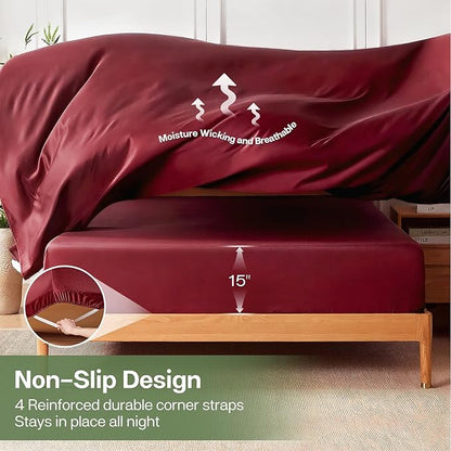 MR&HM Twin Fitted Sheet Only, Ultra-Soft Rayon Derived from Bamboo & Polyester Blend, Silky & Breathable, 15" Deep Pocket with Elastic Straps, Cooling Fitted Sheet for Hot Sleepers, Burgundy