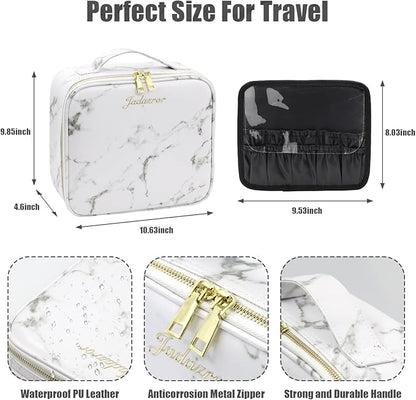 Makeup Bag with Mirror and Light, Makeup Case with Lighted Mirror, Travel Makeup Bag with Light up Mirror 3 Color Lights, Makeup Organizer Bag with Adjustable Dividers & Brush Holder(Marble)