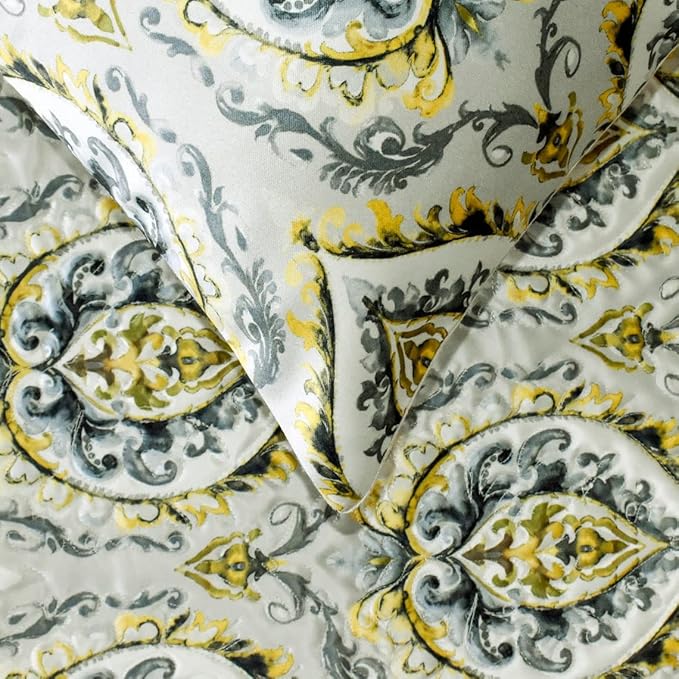 The HomeCentric King/Queen/Twin Grey & Yellow Designer CA King 86"x18" Bed Runner with Pillow Cover, Quilted, Damask & Tassels Bed Scarf on Jacquard Fabric - Flamey Damask