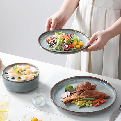 vancasso PLAYA Plates and Bowls Sets, 12 Pieces Light-Blue Dinnerware Sets for Kitchen, Reactive Glaze Dishes Set for 4, Dishwasher and Microwave Safe
