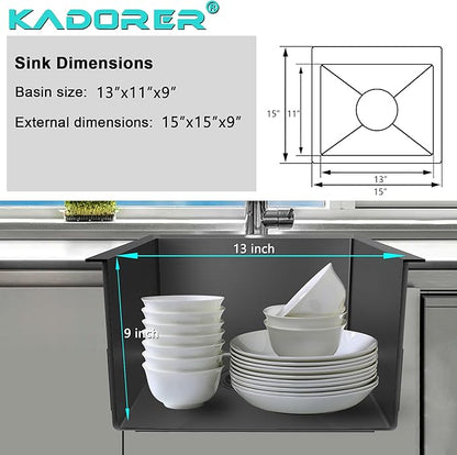15 x 15 Inch Black Drop In Kitchen Sink - Single Bowl Topmount Bar Prep Sink, 18 Gauge Stainless Steel with Grid and Basket Strainer