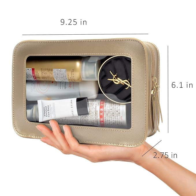 LETGO Clear Makeup Bags, TSA Approved Toiletry Bag with Zipper, Clear Makeup Organizer Fit Carry-on Travel Essentials,Clear Cosmetic Bags for Women Men (O-Gold)