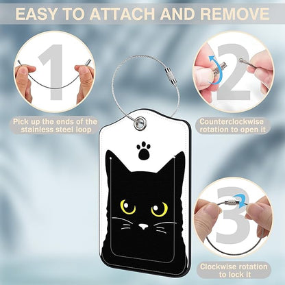 Set of 2 Luggage Tags Cute Black Cat Luggage Tags for Suitcases Leather Suitcase Tags Identifiers with Privacy Name Address Label and Stainless Steel Loop for Women Men Travel Luggage Accessories