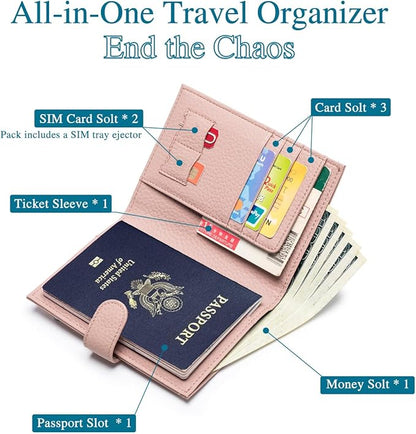 Leather RFID Slim Passport Holder for Travel Women – Passport Wallet for Men with Passport Cover & 3 Card Slots, Zippered Coin Pocket, Cash Holder – Travel Organizer Gift Box (Pink)