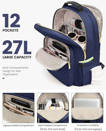 LOVEVOOK Laptop Backpack Purse for Women, Work Business Travel Computer Bags, College Nurse Backpack for Womens, Quilted Casual Daypack with USB Port, Fit 15.6 Inch Laptop, Navy