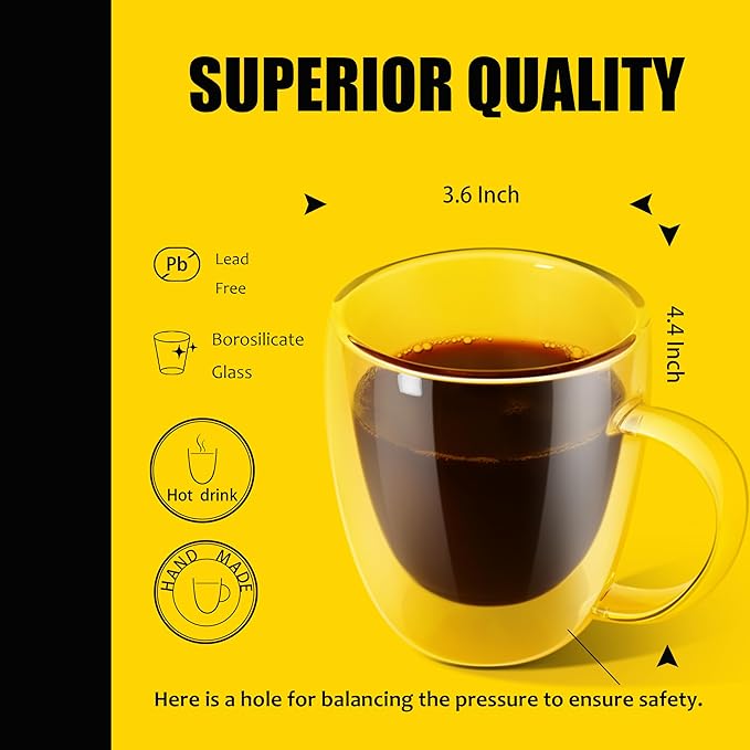 PunPun 12.9OZ. 380ml Clear Coffee Mugs, Glass Cups