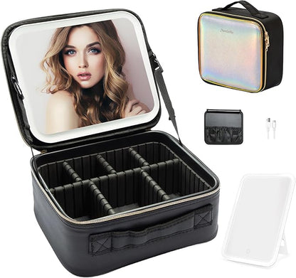 Travel Makeup Bag with LED Mirror – Waterproof Cosmetic Train Case with Adjustable Dividers, Portable Makeup Organizer and Toiletry Bag for Women, Pink Teens & Girls Gift