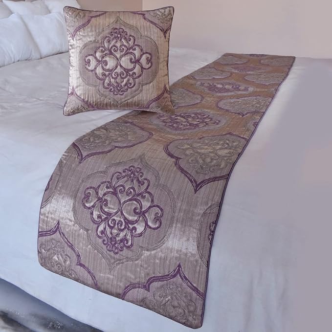 The HomeCentric King/Queen/Twin Purple Decorative Full 68"x18" Bed Runner with Pillow Cover, Damask & Quilted Bed Scarf on Jacquard Fabric - Embre Purple