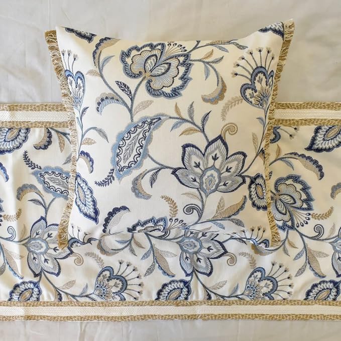 The HomeCentric King/Queen/Twin Blue Designer King 90"x18" Bed Runner with 2 Pillow Cover, Floral, Embroidered, Jute Lace & Lace Bed Scarf on Cotton Fabric - Morning Glories