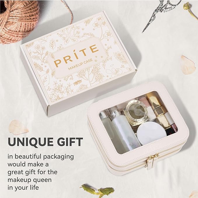 Prite Double Layer Makeup Bag for Women Portable Clear Makeup Bag Cute Waterproof Travel Cosmetic Bag with Gold Zipper for Car Essentials(Beige)