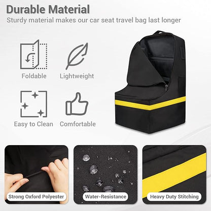 Car Seat Travel Bag - Padded, Comfortable, Durable, Roomy Gate Check Carseat Cover Backpack Fits 3-in-1，Convertible, Booster & Infant Car Seats for Airplane, Airport, Yellow