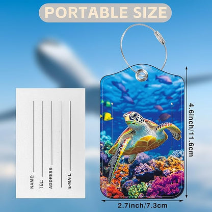 2 Pcs Sea Turtle Luggage Tags for Suitcases PU Leather Baggage Tags Name ID Label with Privacy Cover and Stainless Steel Loop for Men Women Travel Bag Suitcase