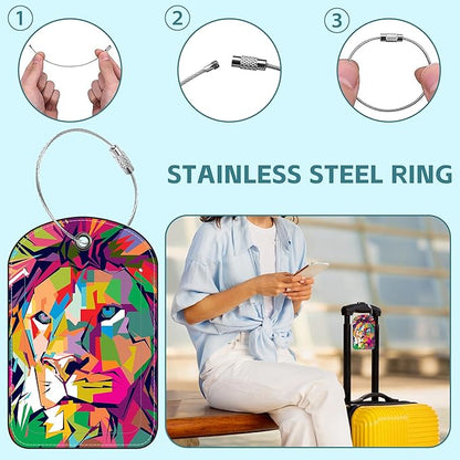 Colored Lion Head Luggage Tag for Suitcase Set of 2 PU Leather Cute Luggage Tags with Stainless Metal Loop ID Label Privacy Flap Suitcase Tags for Women and Men Travel