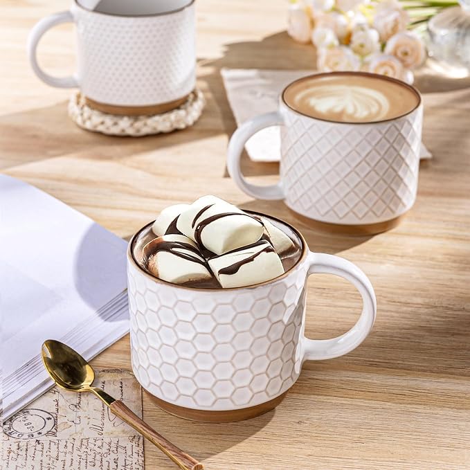 GBhome 12 OZ Stackable Coffee Mugs Set of 4, Ceramic White Coffee Cups Set |